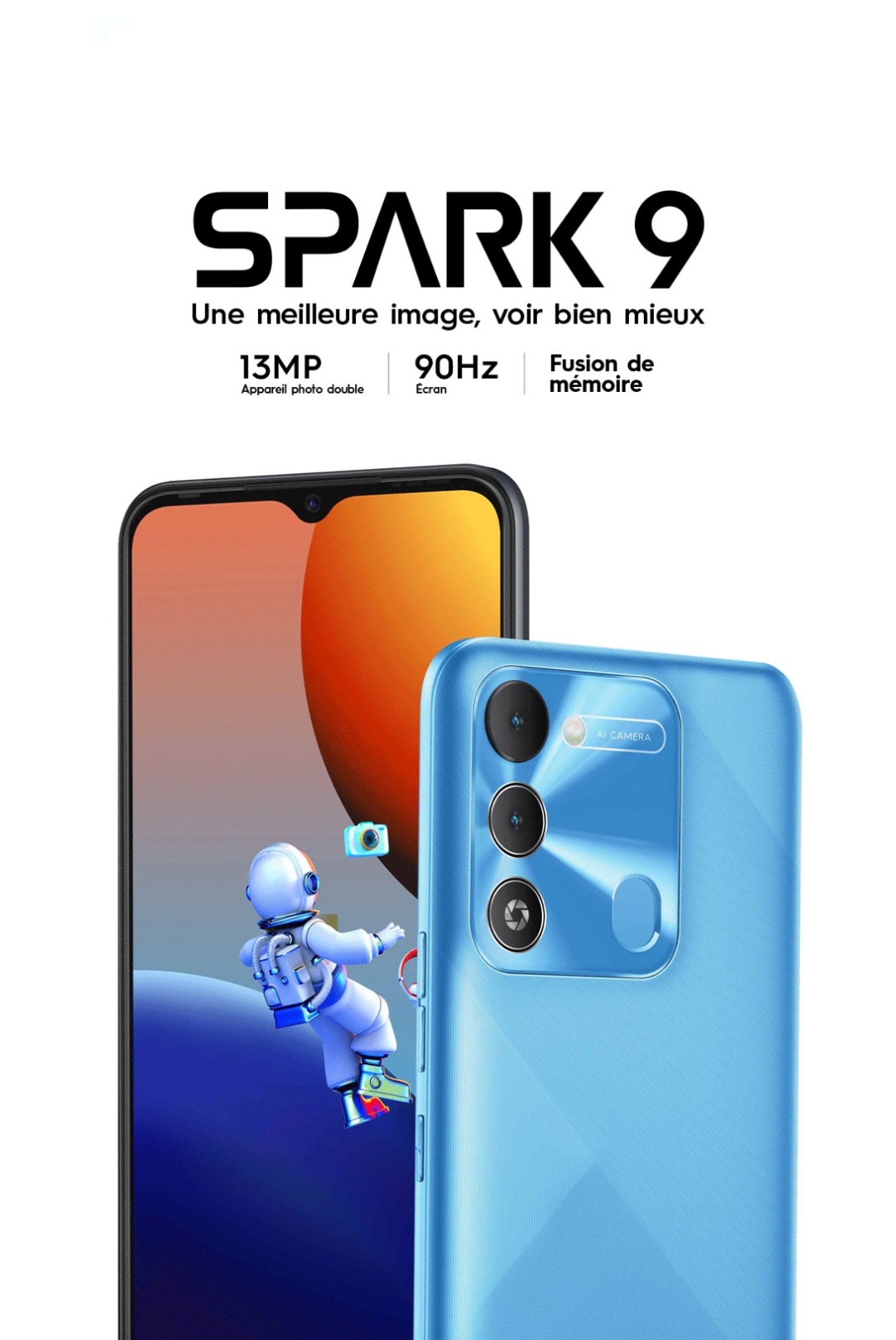 Spark 9 - 64Go Ram 4Go - Photo 13+2+2 Mp - Selfie 32Mp - bleu