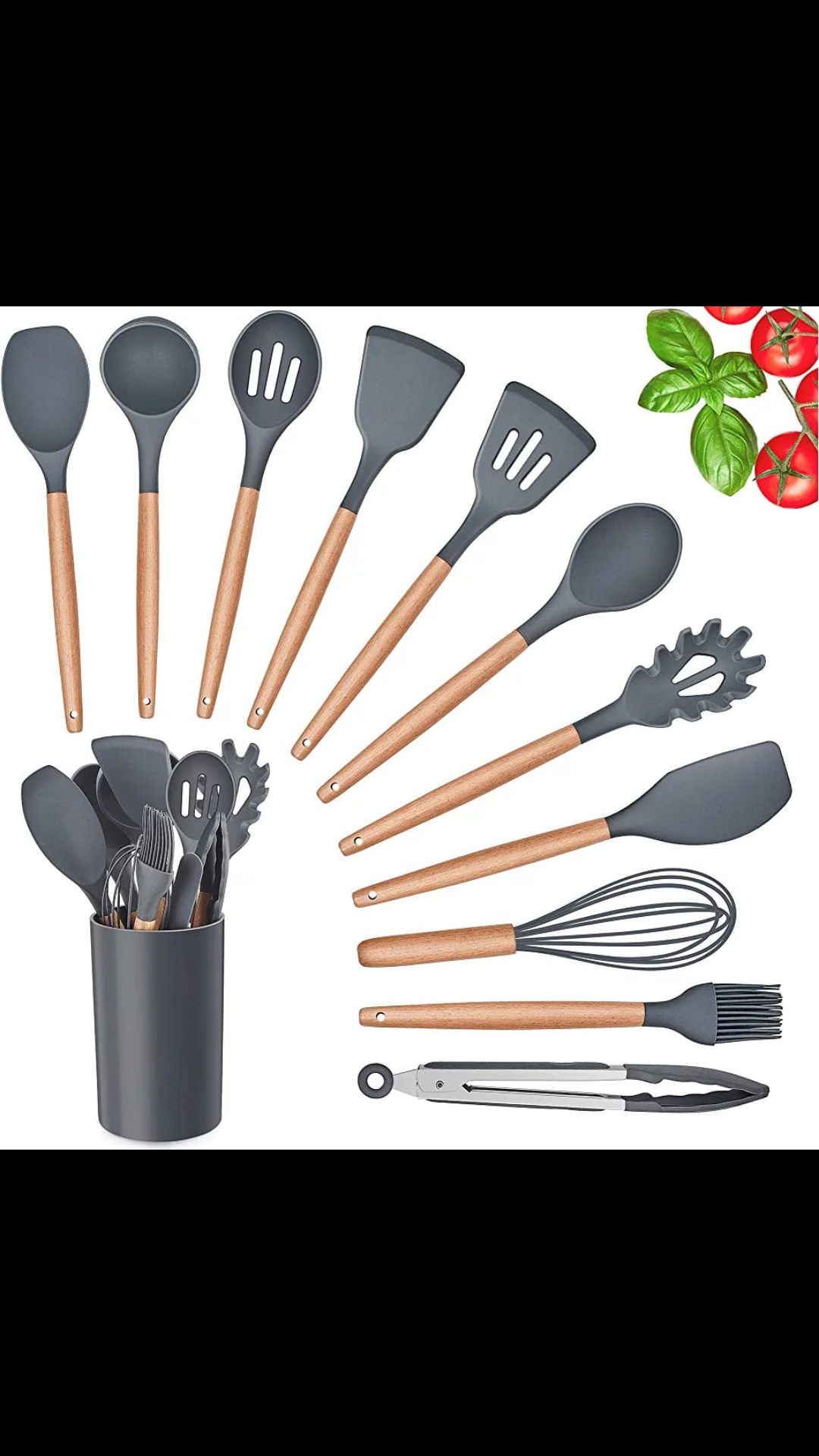 Lot de 12 ustensiles de cuisine en silicone résistants à la chaleur avec manche en bois,