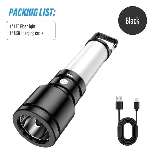 Lampe de poche LED rechargeable haute puissance, lampe de camping, lampe de poche avec lumière latérale, étanche, lampe d'extérieur portable avec crochet arrière