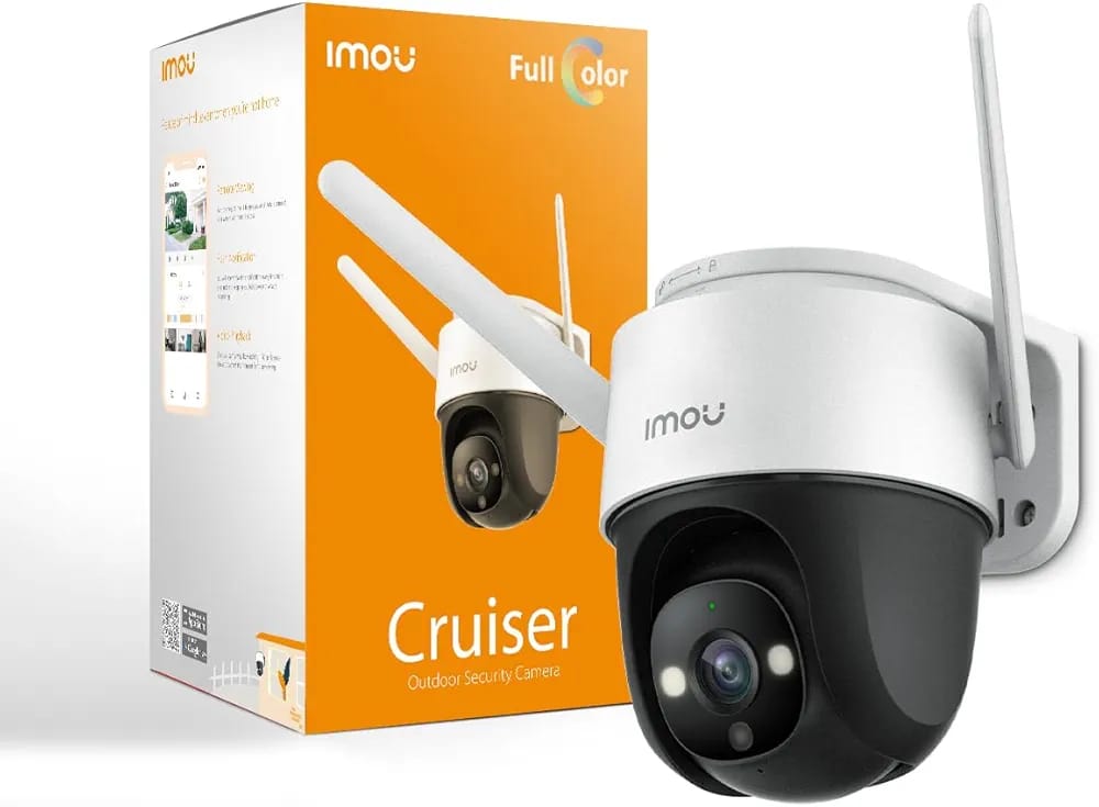 Imou Cruiser 4MP - Caméra panoramique/inclinaison extérieure, 1080P, vision nocturne en couleur, projecteurs, détection humaine par IA, audio bidirectionnel, sirène 110 dB, connexion point d'accès local, H.265 blanc