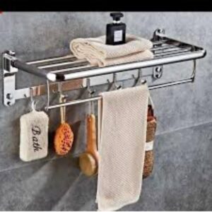 Étagère de Salle de Bain 3-en-1 Premium – Porte-Serviettes Mural en Acier Inoxydable – Multi-Fonction avec Crochets & Design Pliable