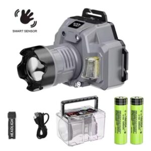 Lampe frontale rechargeable HX-915S avec capteur, zoom 4 niveaux, étanche, idéale pour le camping, la randonnée