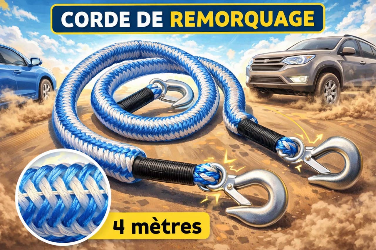 Corde de remorquage élastique 4 mètres – Haute résistance avec crochets métalliques