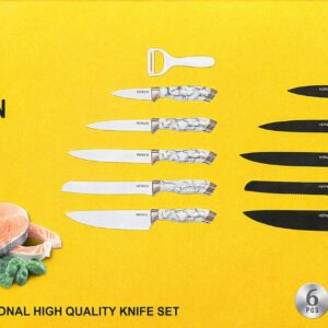 Ensemble de Couteaux de Cuisine Premium - 6 Pièces - Manches Effet Marbre et Or Rose - Lames Antiadhésives - Inclus Éplucheur - Marque EVDRTVERH
