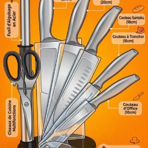 Bloc de Couteaux de Cuisine Premium - 7 Pièces en Acier Inoxydable - Support Rotatif Acrylique