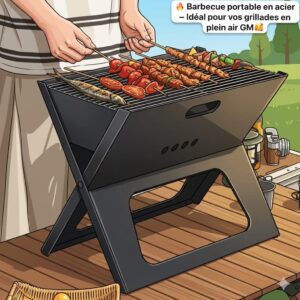 Barbecue Portable Pliable en Acier Noir - Idéal pour vos Grillades en Extérieur