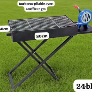 Barbecue Pliable avec Souffleur Manuel Intégré - 60x30cm - Noir Robuste - Idéal Grillades & Camping