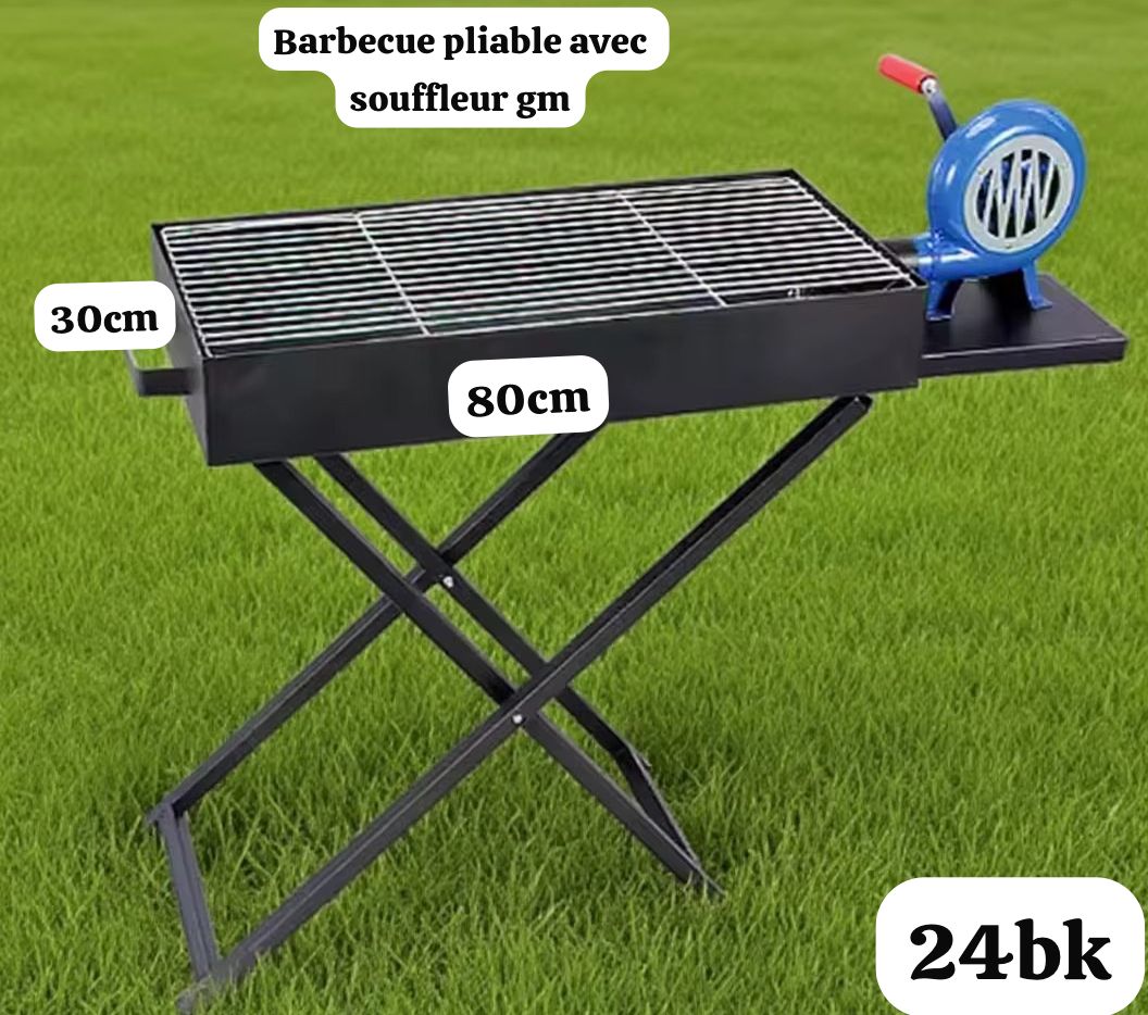 Barbecue Pliable avec Souffleur Manuel Intégré - 60x30cm - Noir Robuste - Idéal Grillades & Camping