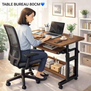 Table de Bureau Mobile 80cm - Bureau Informatique Ajustable avec Roulettes et Étagères de Rangement - Marron & Noir