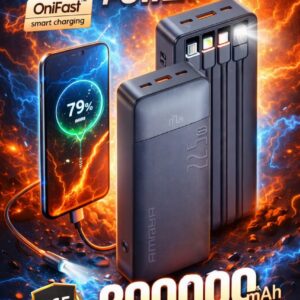 Amaya Power Bank 20000mAh APB-F229 - Charge Rapide 22.5W - Câbles Intégrés Multi-Prises - Noir