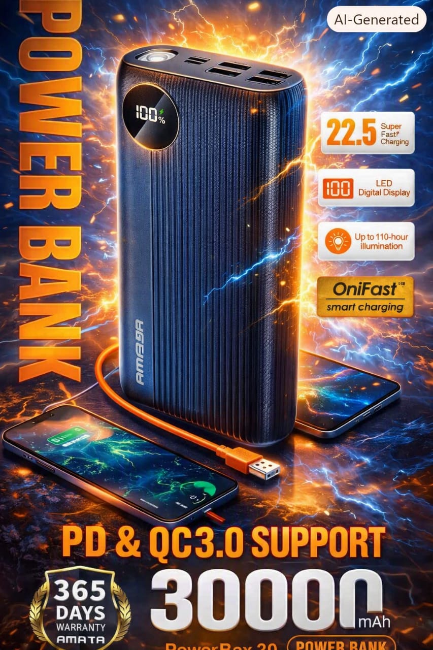 Amaya PowerBank PowerBox 30 - 30 000 mAh - Charge Rapide 22.5W PD & QC3.0 - Écran LED & Lampe Torche Intégrée - Câble Type-C Offert - Noir