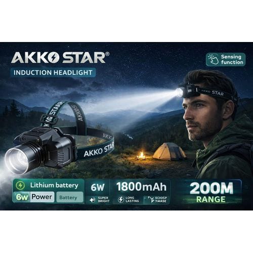Lampe Frontale LED Rechargeable AKKO STAR 6W 1800mAh - Portée 200m avec Détecteur de Mouvement (Induction)
