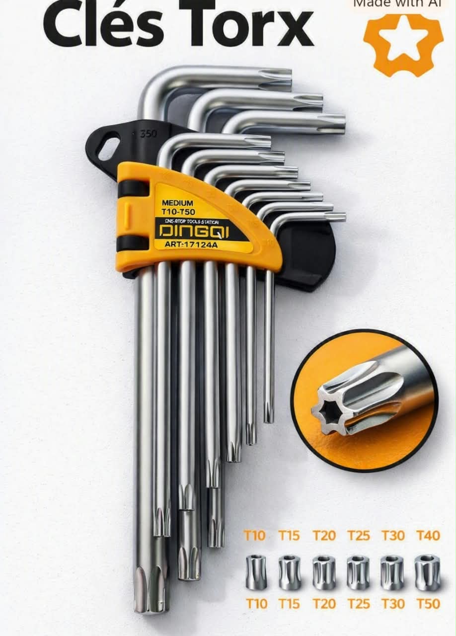 Jeu de Clés Torx Réfléchies DINGQI T10 à T50 – Jeu de 9 Clés Mâles Professionnelles en Acier Chrome Vanadium