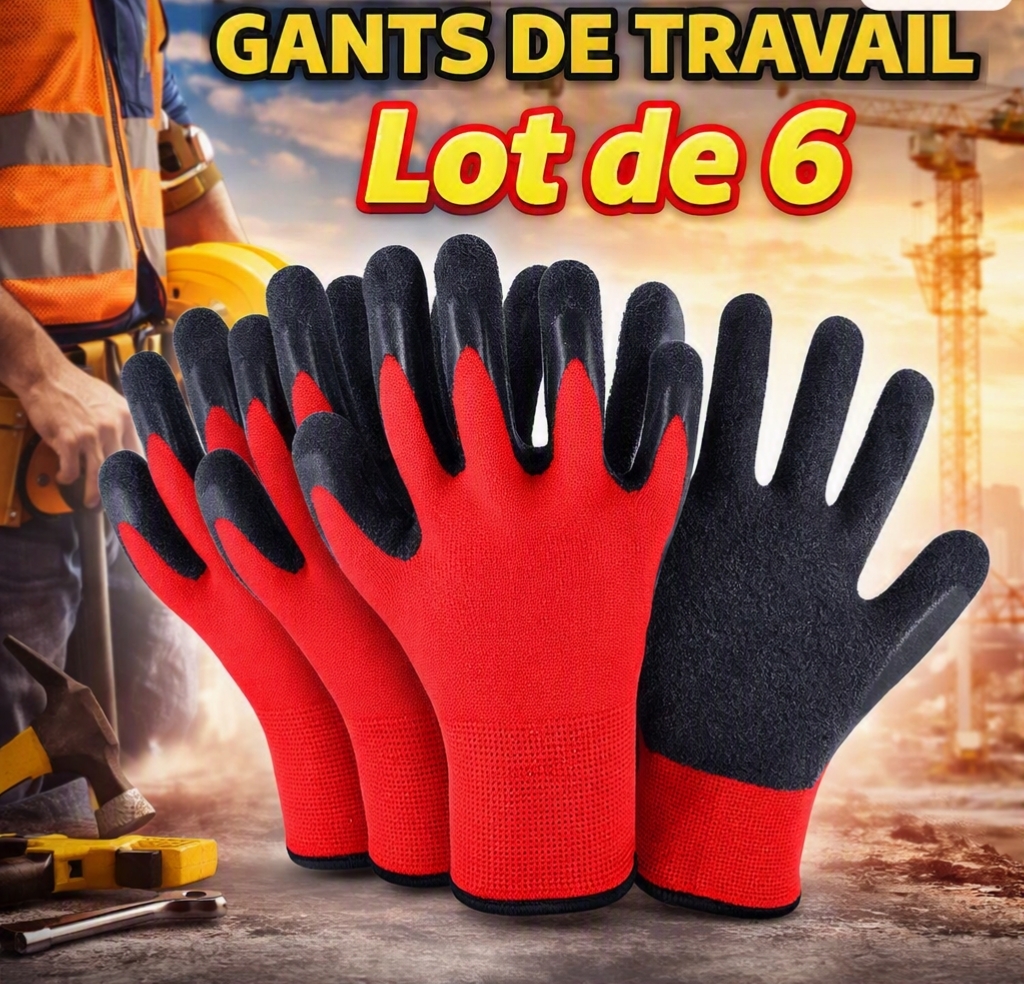 Gants de travail très robuste antidérapant, Gants de Sécurité Hautes Performances - Paume en Crêpe de Latex Noir - Jauge 10 - Tricot Rouge - Certifié CE