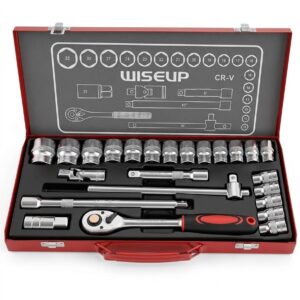 Coffret de Douilles et Clé à Cliquet Professionnel WISEUP en Acier Chrome-Vanadium (CR-V) - de 10 à 24, 27, 30, 32 - Boîte Métallique Rouge
