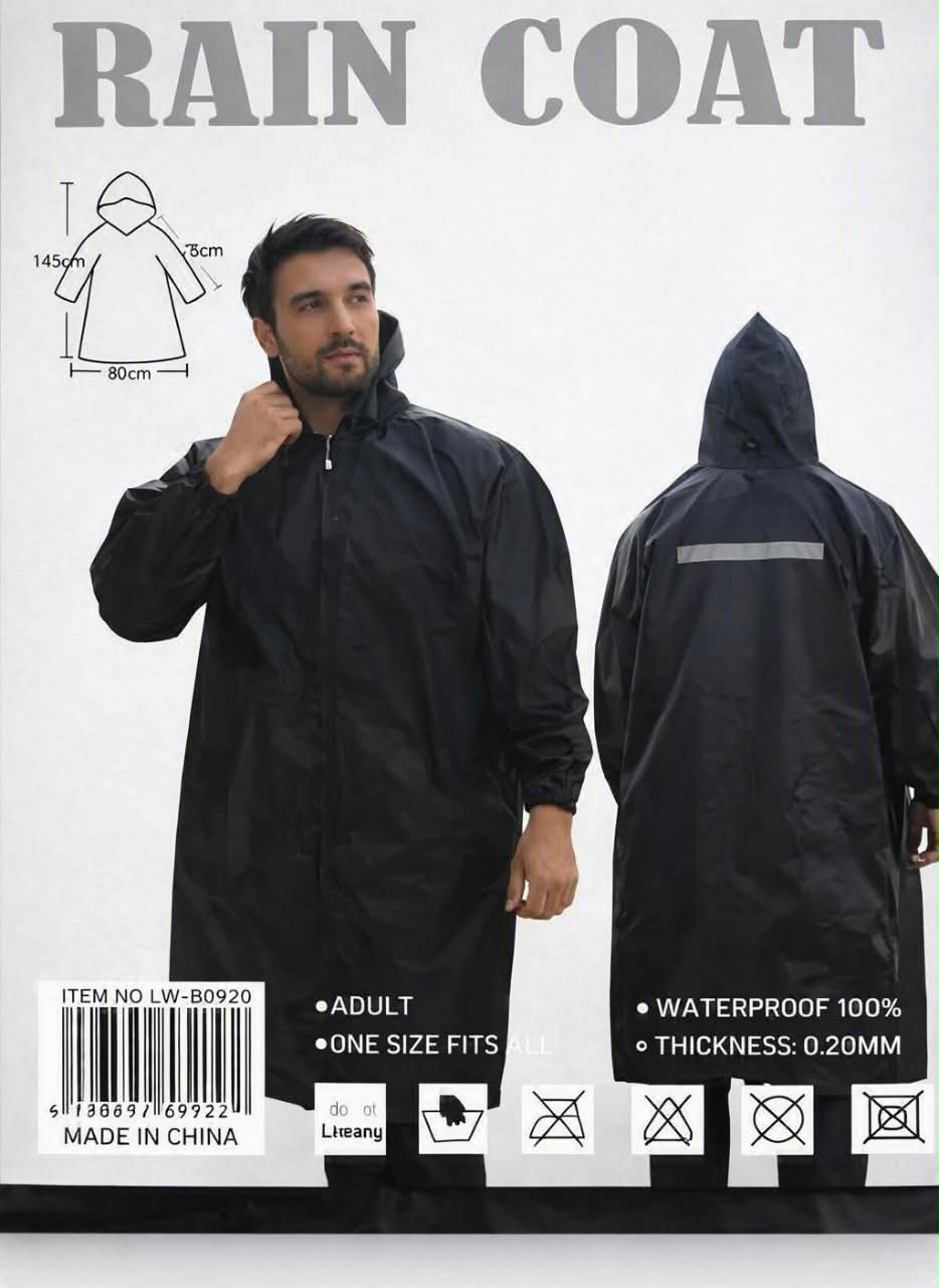Manteau de pluie d'extérieur et veste pour adulte femme homme avec capuche - Durable. Manteau Imperméable de Pluie Incassable / Poncho Imperméable Réutilisable avec Capuche – Taille Unique Adulte – Noir